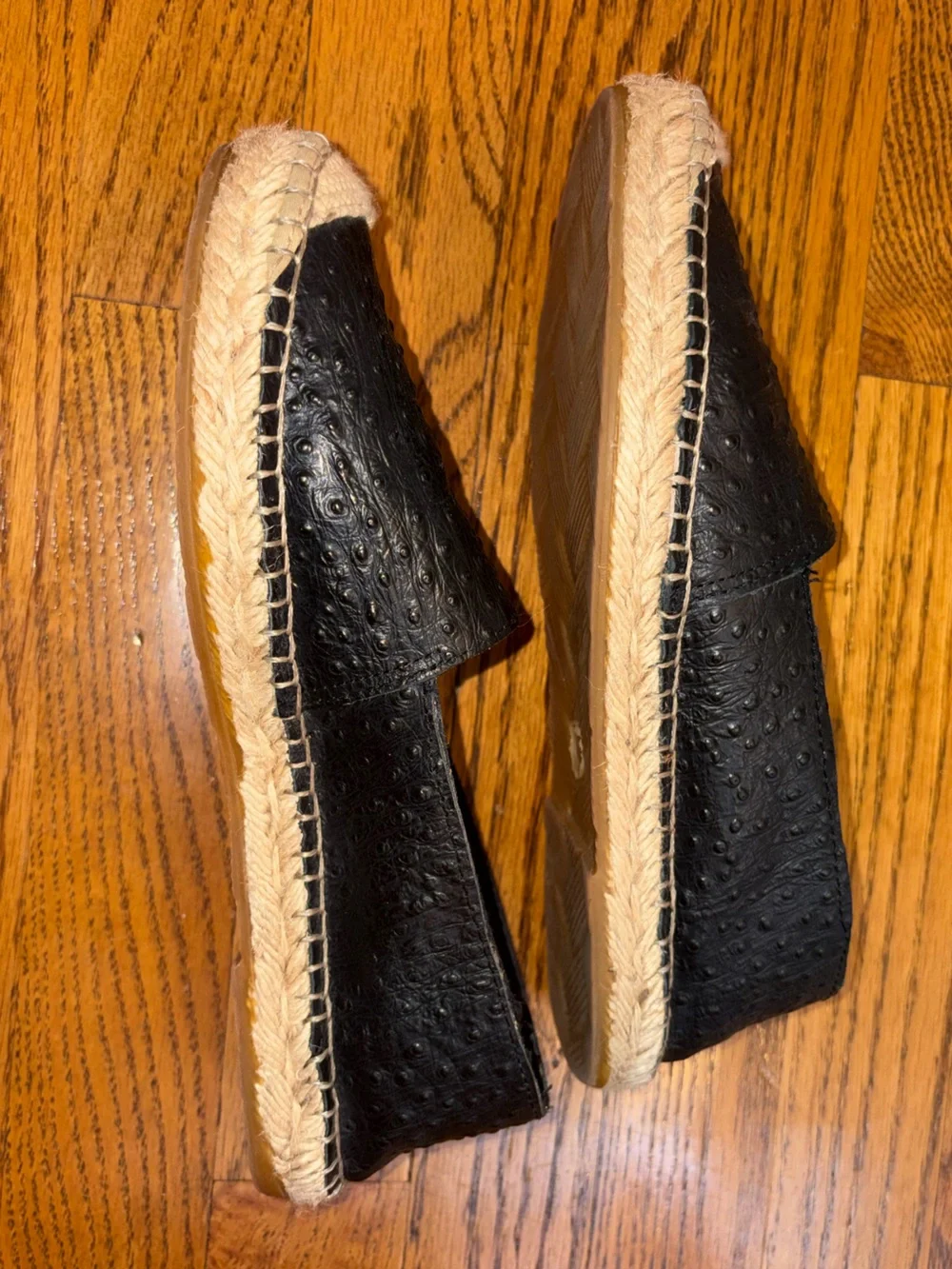 Fabiolas Black Leather Ostrich Pattern Espadrilles
